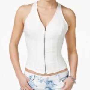 New GUESS Jeancare Zip-Up Racerback Corset Zip Up Crop Top White M